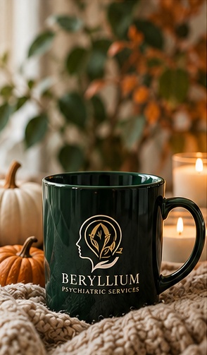 Beryllium mug surrounded by pumpkins and a knitted blanket in the supplied October newsletter
