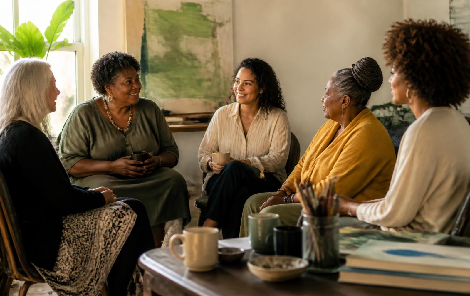A circle of women in conversation in a warm, sunlit community room