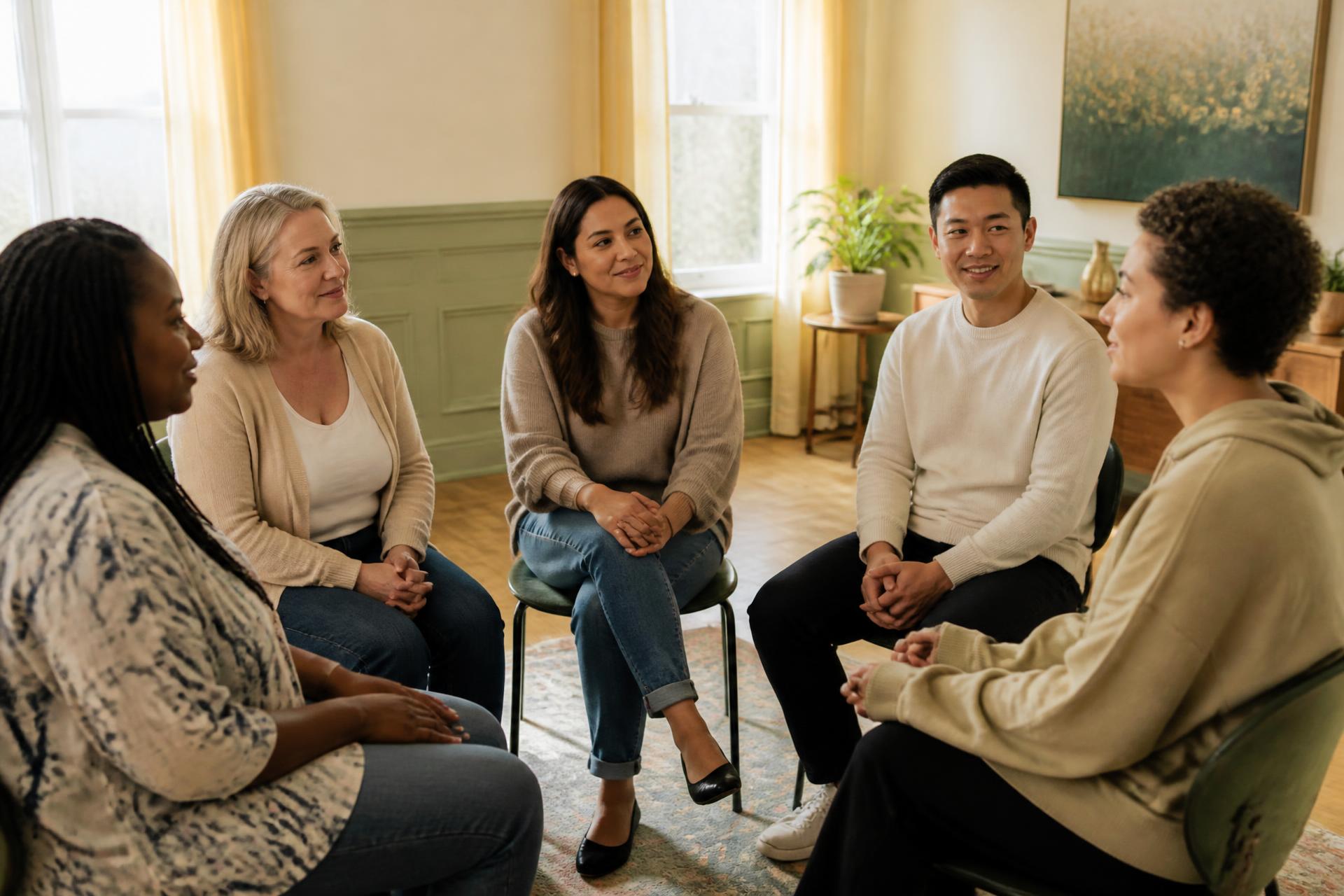 A diverse group in conversation in a warm, sunlit community room