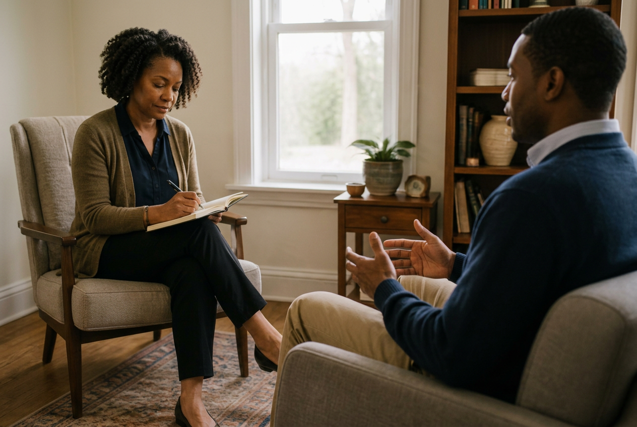 A Black psychiatrist taking notes while in conversation with a patient in a calm, light-filled consulting room