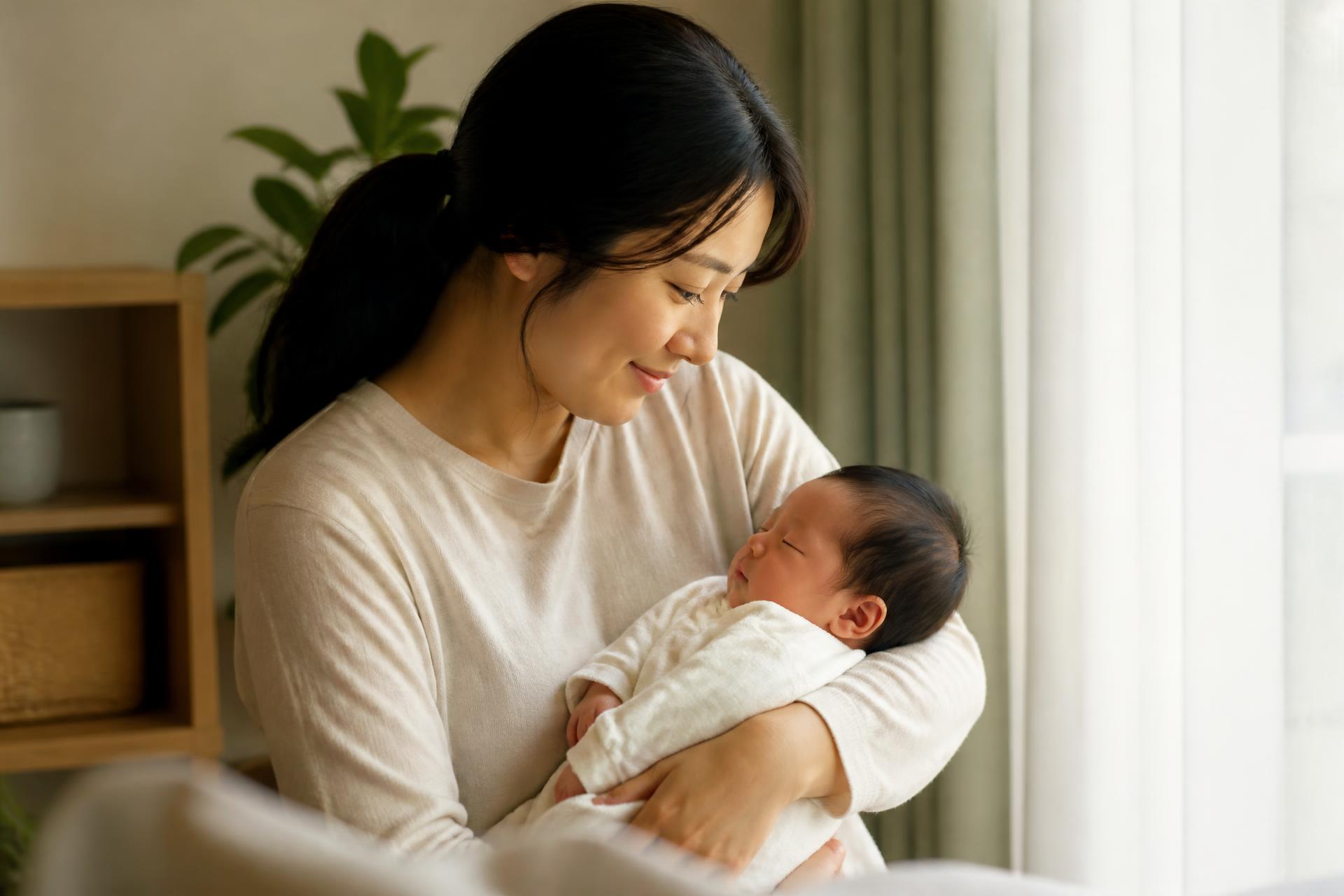 A mother holding her newborn beside a bright window