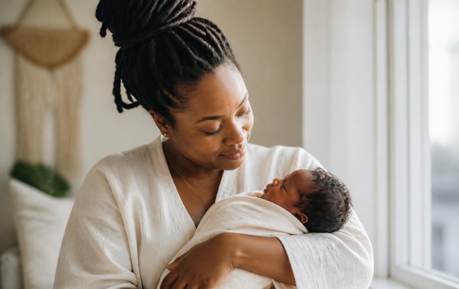 A mother holding her newborn beside a bright window