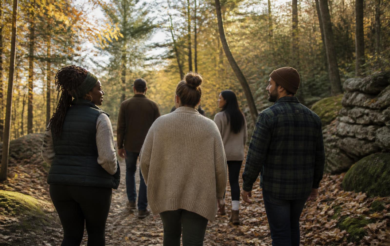 A small group walking together on a wooded trail in autumn light