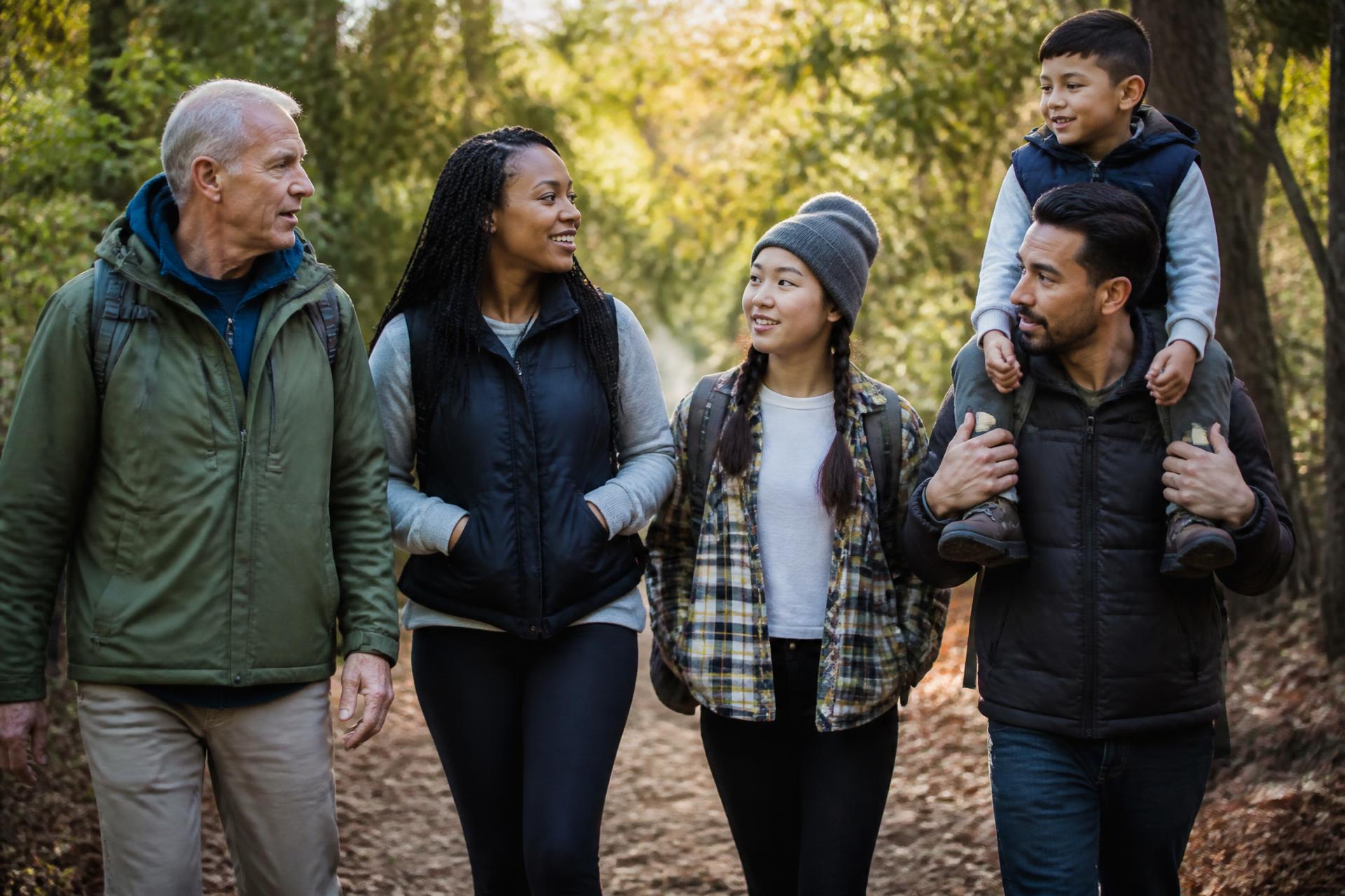 A multigenerational, multiracial group walking together on a wooded trail in autumn light